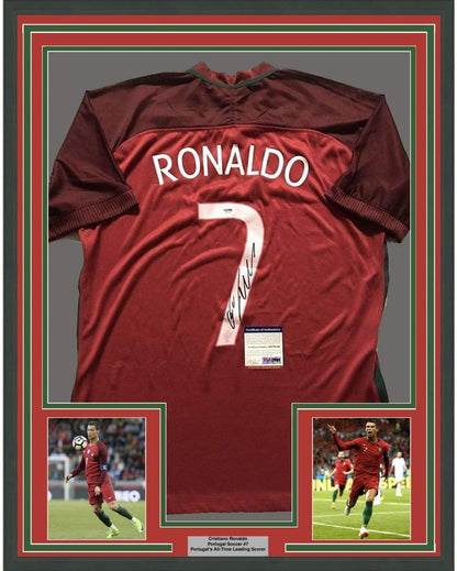 Framed Autographed/Signed Cristiano Ronaldo 35x39 Portugal Red World Cup Soccer Futbol Jersey PSA/DNA COA