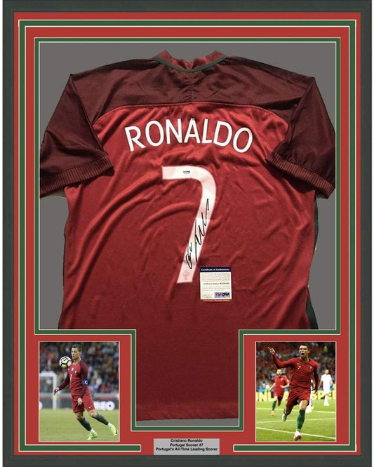 Framed Autographed/Signed Cristiano Ronaldo 35x39 Portugal Red World Cup Soccer Futbol Jersey PSA/DNA COA