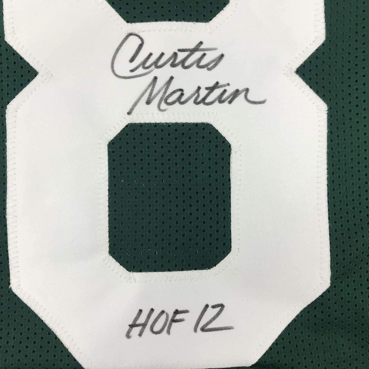 Autographed/Signed Curtis Martin HOF 12 New York Green Football Jersey Beckett BAS COA