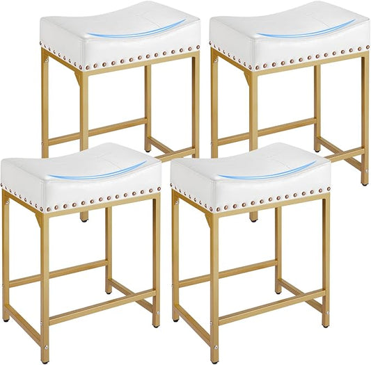 Bar Stools Set of 4 Counter Height, 24" Modern Off White & Gold Counter Stools Set of 4, Stools for Kitchen Counter, Modern White Barstools Saddle Stool Backless Island Chairs (Off White+Gold)