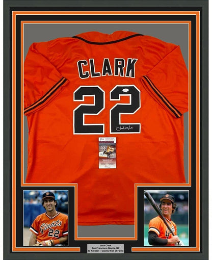 Framed Autographed/Signed Jack Clark 35x39 San Francisco Orange Baseball Jersey JSA COA
