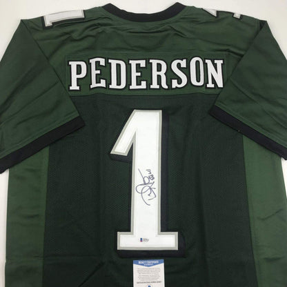 Autographed/Signed Doug Pederson #1 Philadelphia Green Football Jersey Beckett BAS COA
