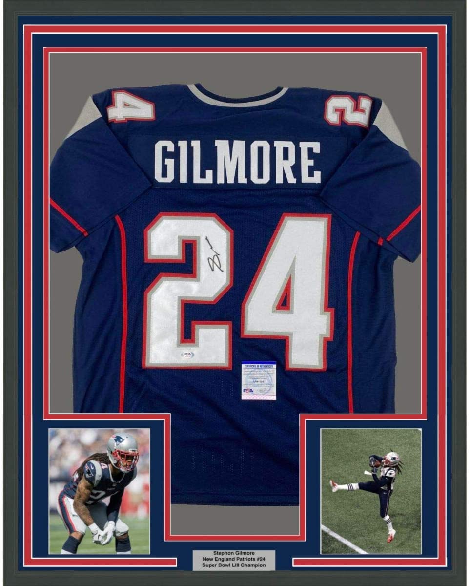 Framed Autographed/Signed Stephon Gilmore 35x39 New England Blue Football Jersey PSA/DNA COA
