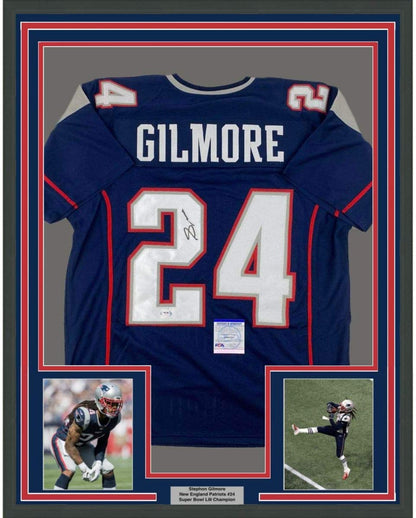 Framed Autographed/Signed Stephon Gilmore 35x39 New England Blue Football Jersey PSA/DNA COA