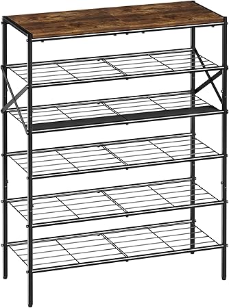 6-Tier Metal Shoe Rack Organizer Shoe Storage for Entryway 18-24 Pairs Narrow Shoe Rack for Closet Heavy-Duty Shoe Rack with Wooden Top Shelf for Garage Rustic Brown