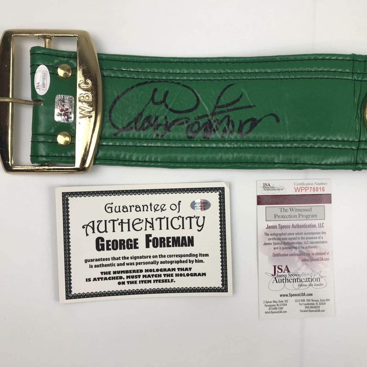 Autographed/Signed George Foreman WBC Green Boxing Replica Championship Belt JSA COA