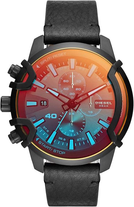 Diesel Griffed Stainless Steel and Leather Chronograph Men's Watch, Color: Black (Model: DZ4519)