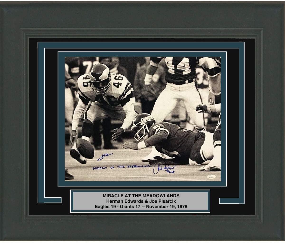 Framed Autographed/Signed Herm Edwards & Joe Pisarcik Inscribed Miracle at the Meadowlands 16x20 Football Photo JSA COA