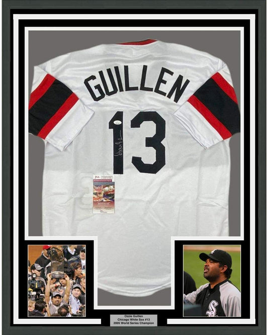 Framed Autographed/Signed Ozzie Guillen 35x39 Chicago Retro White Baseball Jersey JSA COA