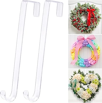 12" Clear Wreath-Hanger Non Scratch Over The Door Hooks, 2 Pack Easter Halloween Christmas Decoration Welcome Sign for Front Doors Dí©cor Inside Outside, Slim Hangers Organizer for Home