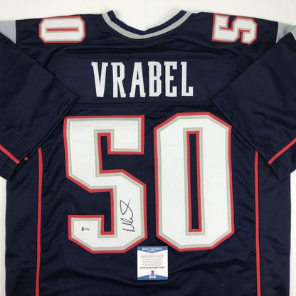 Autographed/Signed Mike Vrabel New England Blue Football Jersey Beckett BAS COA