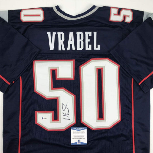 Autographed/Signed Mike Vrabel New England Blue Football Jersey Beckett BAS COA