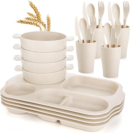 24Pcs Wheat Straw Dinnerware Sets for 4 - College Dorm Room Essentials for Girls, Easy to Clean, Unbreakable Toddler Kids Plates and Bowls Sets for School Picnic Camping, Beige