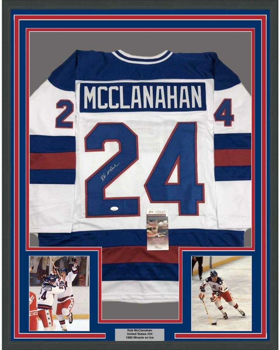 Framed Autographed/Signed Rob McClanahan 35x39 White Team USA Miracle On Ice 1980 Olympics Hockey Jersey JSA COA