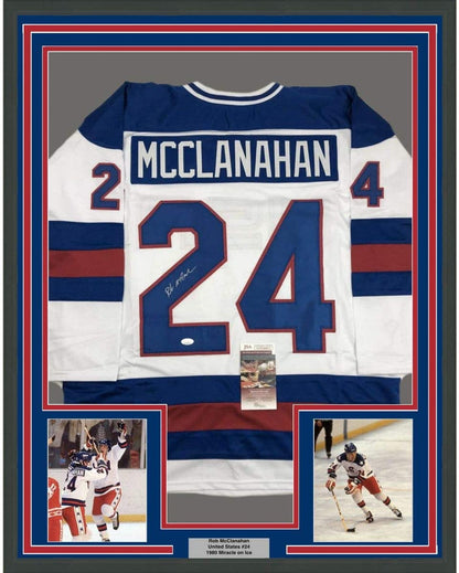 Framed Autographed/Signed Rob McClanahan 35x39 White Team USA Miracle On Ice 1980 Olympics Hockey Jersey JSA COA