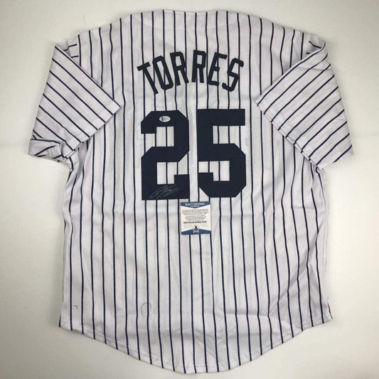 Autographed/Signed Gleyber Torres New York Pinstripe Baseball Jersey Beckett BAS COA