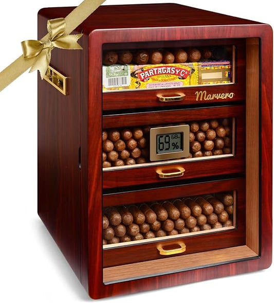 Cigar Humidors, Cedar Wood Humidor for 150 Cigars with Digital Hygrometer, Drawers, Humidifiers and Gold-Plated Hardwares. Cigar humidor Cabinet for Men Husband Father Ebony Color