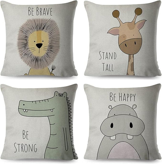 Cartoon Animal Pillow Covers Kids Pillowcase 18Ջ18 Inch Set of 4 Throw Pillow Covers Set Cotton Throw Cushion Case for Sofa Couch Home Decor School Cushion Case(Hippo, Giraffe, Lion, Crocodile)
