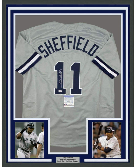 Framed Autographed/Signed Gary Sheffield 35x39 New York Grey Baseball Jersey PSA/DNA COA