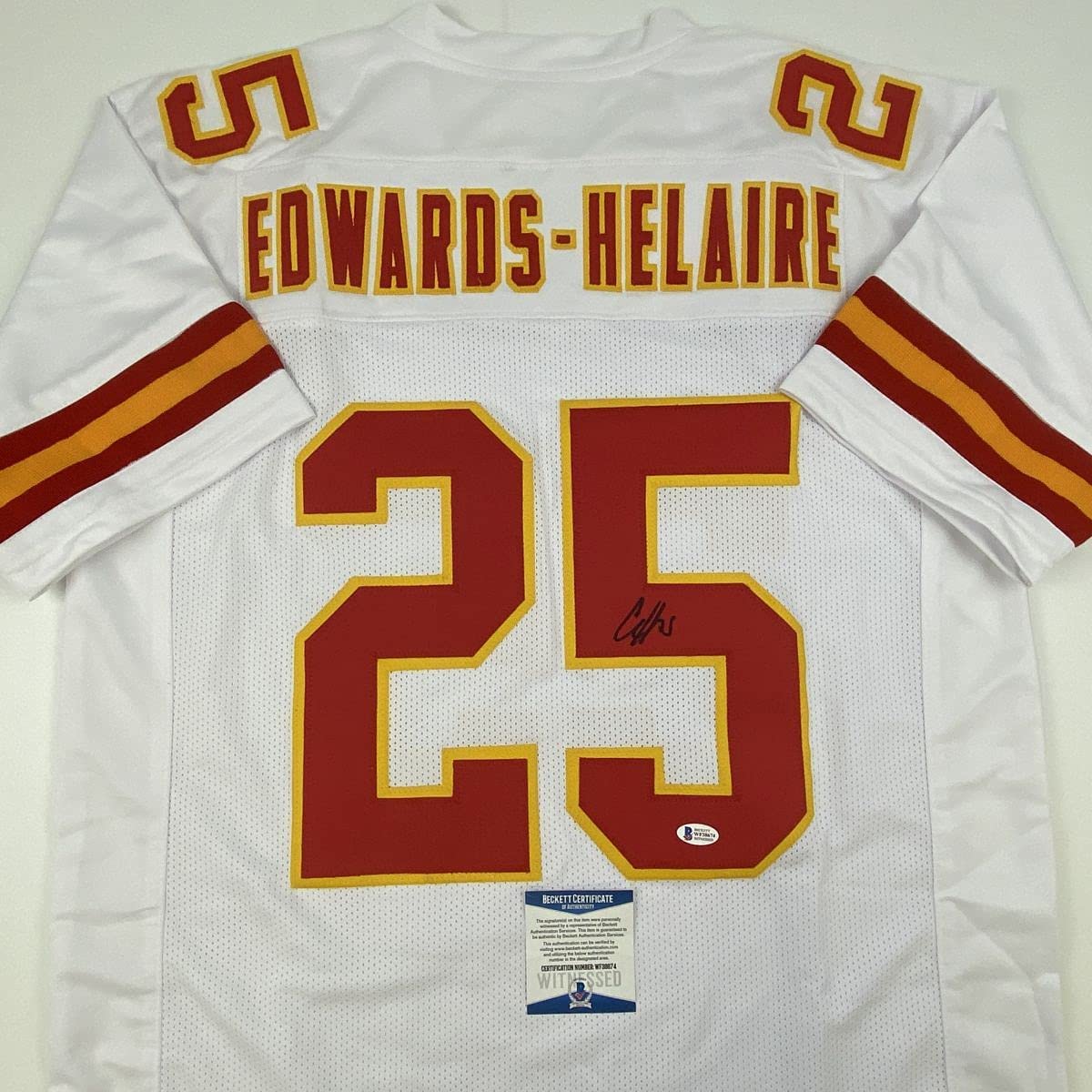 Autographed/Signed Clyde Edwards-Helaire Kansas City White Football Jersey Beckett BAS COA