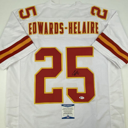 Autographed/Signed Clyde Edwards-Helaire Kansas City White Football Jersey Beckett BAS COA