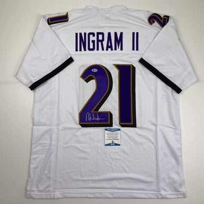 Autographed/Signed Mark Ingram II Baltimore White Football Jersey Beckett BAS COA