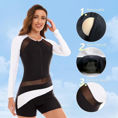 NESY Womens Rash Guard Swimsuit Boyleg Long Sleeve One Piece Bathing Suit UPF 50 Zipper Surfing Wetsuit Athletic Swimwear
