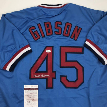 Autographed/Signed Bob Gibson St. Louis Blue Baseball Jersey JSA COA