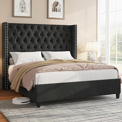Jocisland Queen Size Bed Frame Velvet Upholstered Platform Bed with 51.6" Tall Wingback Headboard Deep Button Tufted, No Box Spring Needed, Black