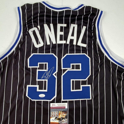 Autographed/Signed Shaquille Shaq O'Neal Orlando Black Pinstripe Basketball Jersey JSA COA