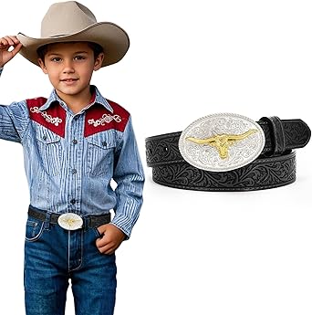 SUOSDEY Kids Western Belt for Boys Girls, Toddler Youth Cowboy Cowgirl Genuine Leather Belt with Longhorn Bull Buckle