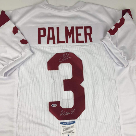 Autographed/Signed Carson Palmer Heisman 02 USC Southen Cal White College Football Jersey Beckett BAS COA