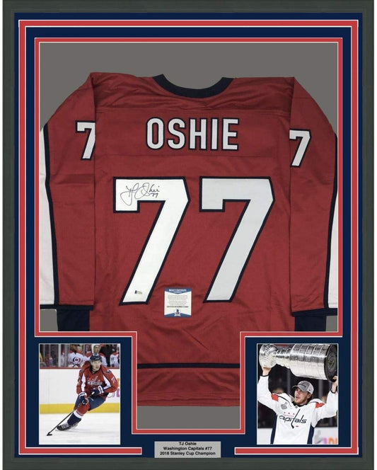 Framed Autographed/Signed TJ T.J. Oshie 35x39 Washington Red Hockey Jersey Beckett BAS COA