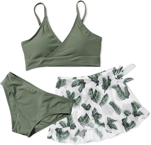 Girls 3 Piece Swimsuits Bathing Suit Cute Ruffle Floral Print Bikini Set with Skirt Kids Swimwear Size 9-14 Years