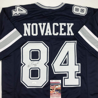 Autographed/Signed Jay Novacek Dallas Dark Blue Football Jersey JSA COA
