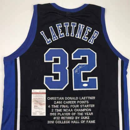 Autographed/Signed Christian Laettner Duke Black Stat The Shot College Basketball Jersey JSA COA