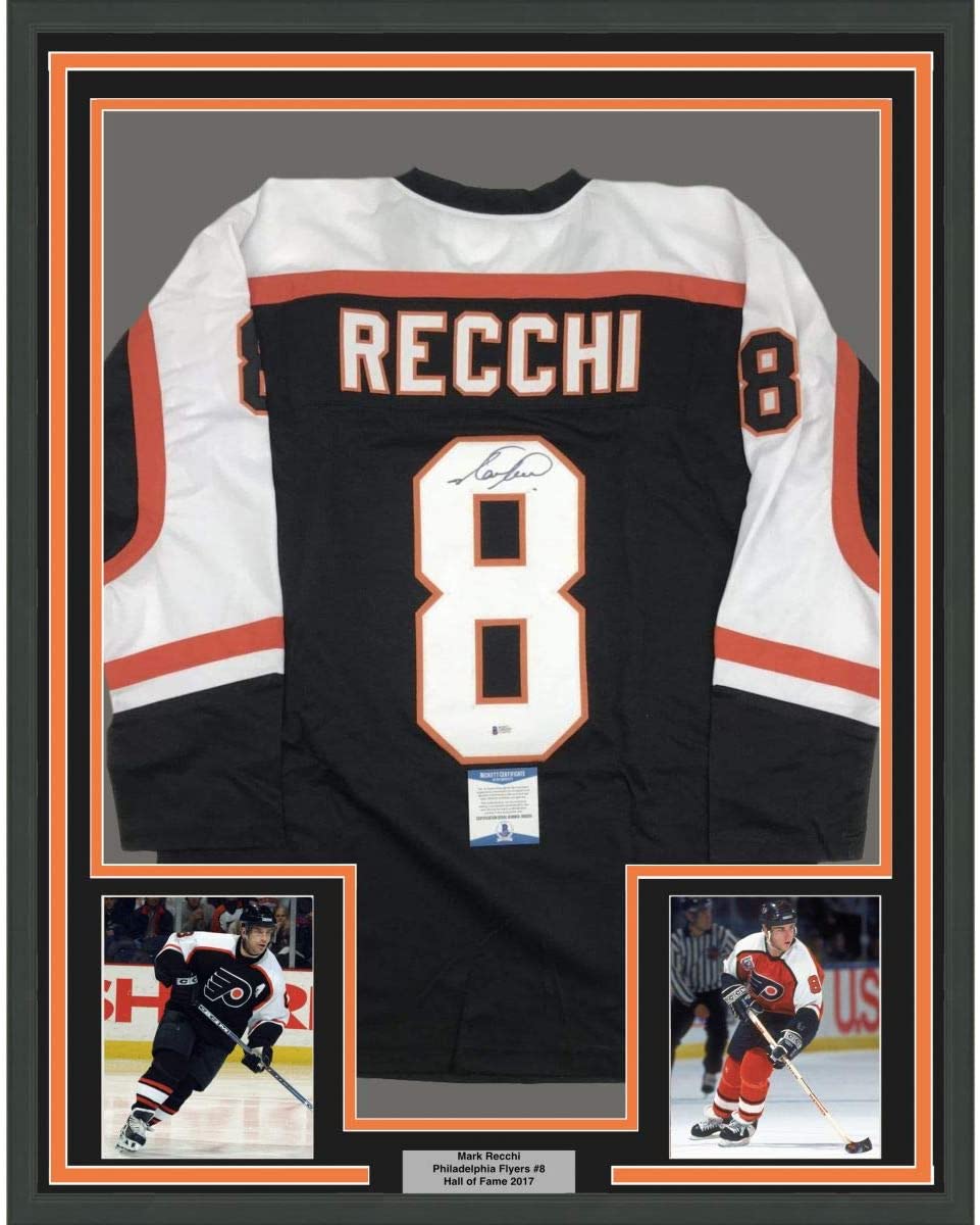 Framed Autographed/Signed Mark Recchi 35x39 Philadelphia Black Hockey Jersey Beckett BAS COA