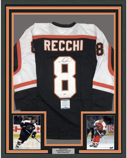 Framed Autographed/Signed Mark Recchi 35x39 Philadelphia Black Hockey Jersey Beckett BAS COA