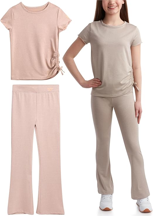 Reebok Girls Flare Leggings Set - 2 Piece Performance Cinched Hem T-Shirt and Wide Leg Yoga Pants - Girls Summer Outfit, 7-12