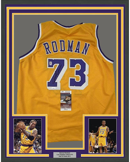 Framed Autographed/Signed Dennis Rodman 35x39 Los Angeles LA Yellow Basketball Jersey JSA COA #2