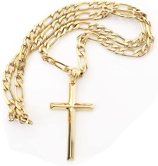 24K Gold Figaro Chain Style Cross Pendant Necklace 5MM Cross Necklace Clasp for MEN, HUSBAND Thin for Charms Miami Cuban Link Diamond Cut Religious Beveled Edge