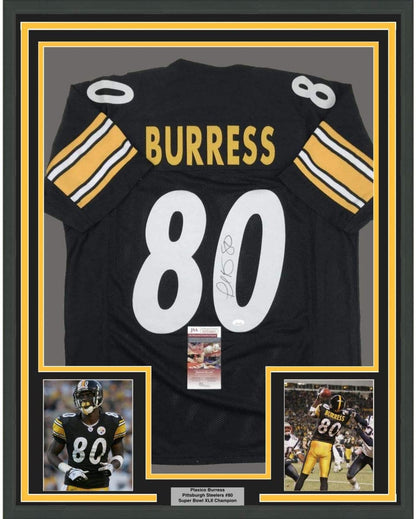 Framed Autographed/Signed Plaxico Burress 35x39 Pittsburgh Black Football Jersey JSA COA