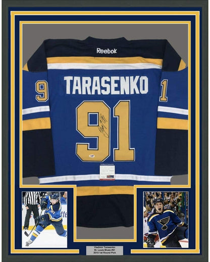 Framed Autographed/Signed Vladimir Tarasenko 35x39 St. Louis Blue Hockey Jersey PSA/DNA COA