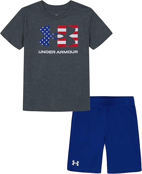 Under Armour Boys Outdoor Set, Cohesive Pants & Top Tshirt And Short Set, Pitch Gray Icon Flag, 4 US