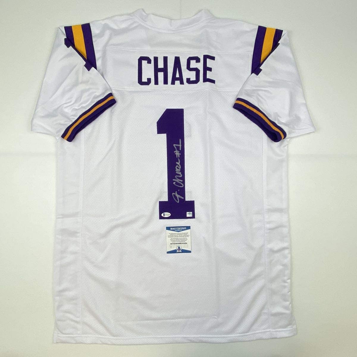 Autographed/Signed Ja'Marr Chase LSU White College Football Jersey Beckett BAS COA