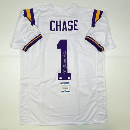 Autographed/Signed Ja'Marr Chase LSU White College Football Jersey Beckett BAS COA