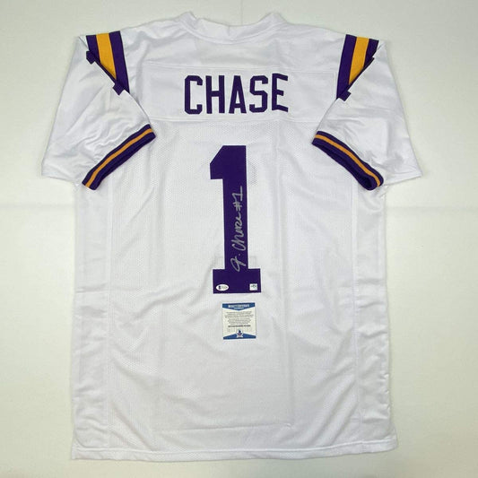 Autographed/Signed Ja'Marr Chase LSU White College Football Jersey Beckett BAS COA