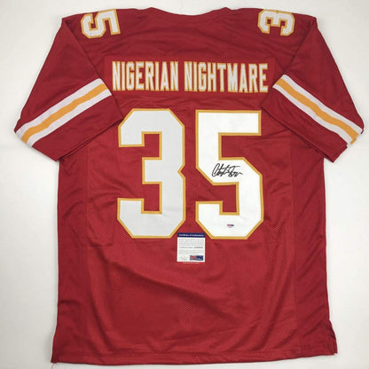 Autographed/Signed Christian Okoye Nigerian Nightmare Kansas City Red Football Jersey PSA/DNA COA
