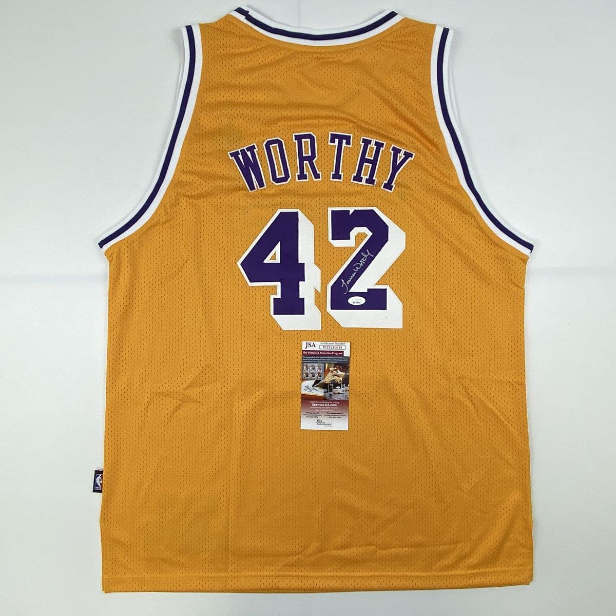 Autographed/Signed James Worthy Los Angeles LA Yellow Basketball Jersey JSA COA