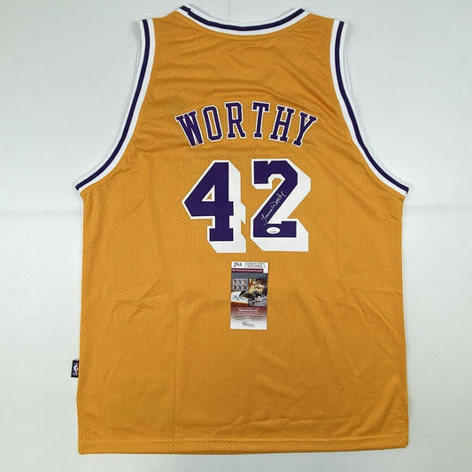 Autographed/Signed James Worthy Los Angeles LA Yellow Basketball Jersey JSA COA